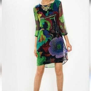 DESIGUAL SEMI SHEER DRESS 3/4 SLEEVES BLACK ABSTRACT FLORAL SIZE 38 SMALL